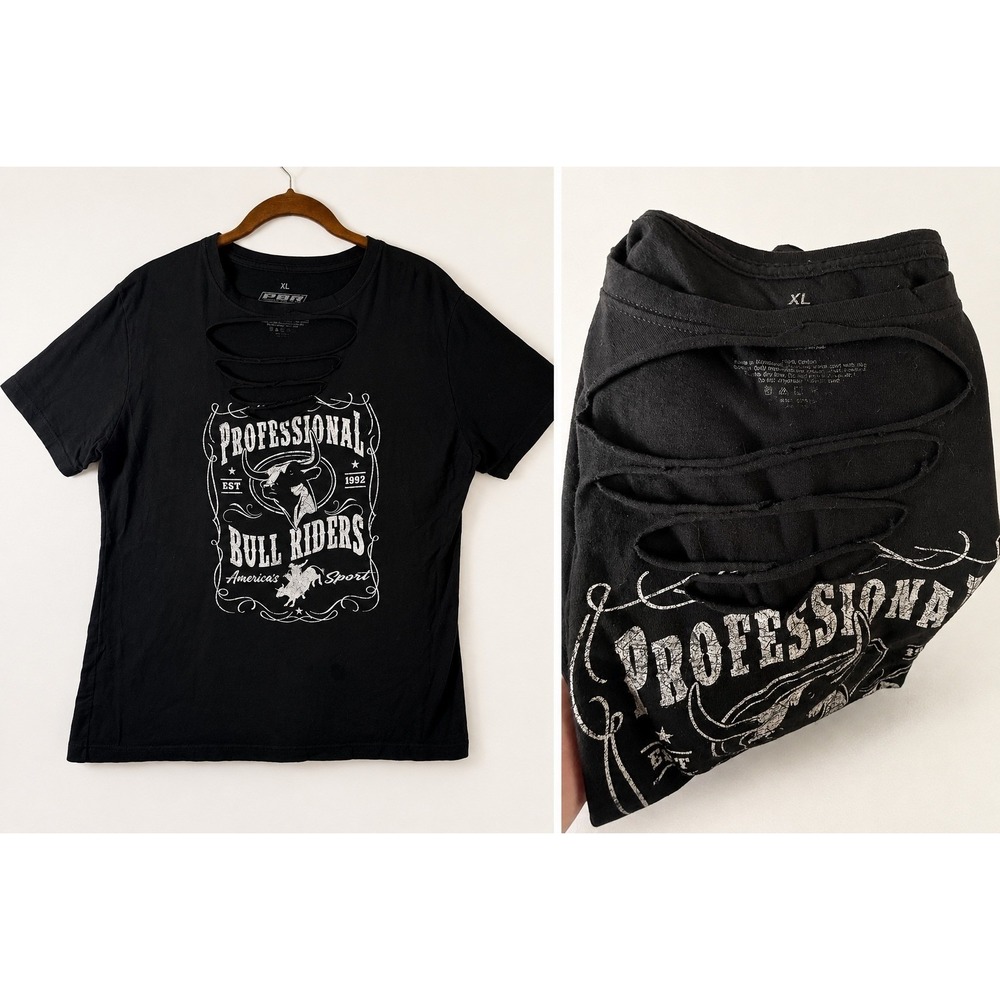PBR Professional Bull Riders Graphic T-Shirt Black Slashed Cutout Neckline XL